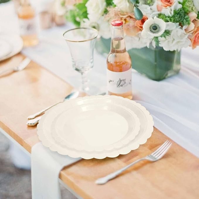 50 Pcs Ivory Scalloped Paper Plates 25 × 7'' and 25 × 9'' Disposable Ivory - Image 5
