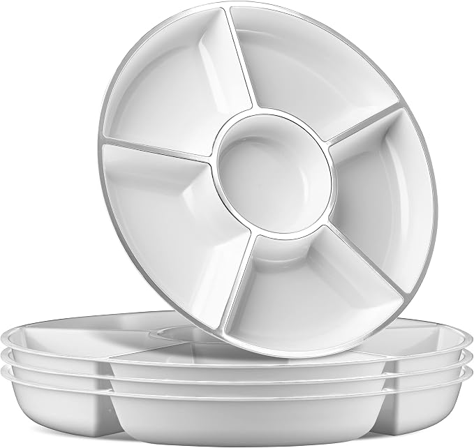 6 Sectional Round Plastic Serving Tray/Platters White by PLASTICPRO