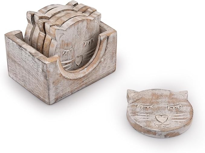 Wooden Crafted Unique Adorable Cat Shaped Coasters Set of 6 - Image 3