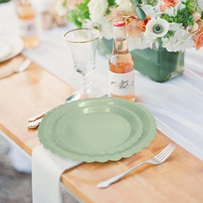 50 Pcs Sage Green Scalloped Paper Plates 25 × 7'' and 25 × 9'' Disposable Sage - Image 5