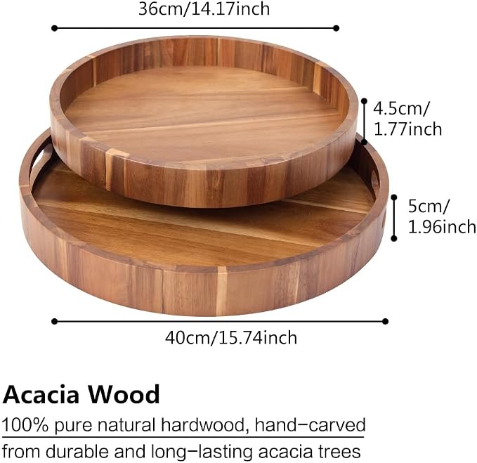 Round Wood Serving Trays Set of 2, Ottoman Tray Rustic Acacia Wooden Trays - Image 4