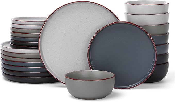 Famiware Mercury 24-Piece Stoneware Dinnerware Set, Warm Hand-Painted Rims by Famiware