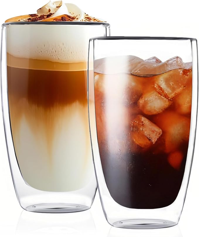 Glass Coffee Mugs Set of 2, Insulated Thermal Cups 15.2oz, Double Wall Clear by DOPUDO