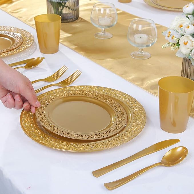 102 PCS Brown Gold Plastic Plates, Lace Design Disposable Plates, BPA Free - Image 5