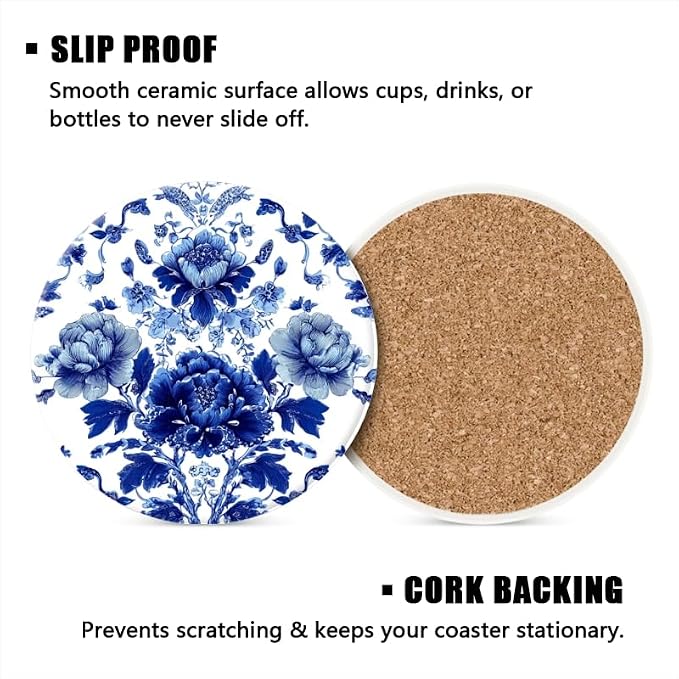 Absorbent Coasters for Drink Set of 6, Bule and White Coasters Cork Bases - Image 4
