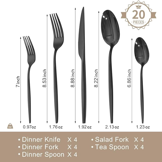 18/10 Silverware Set for 4, 20 Piece Black Stainless Steel Flatware Cutlery | - Image 2