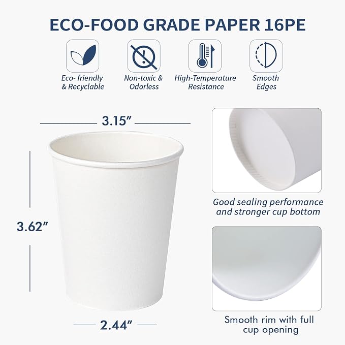 Turbo Bee 300Pack 8oz Paper Cups, Disposable Coffee Cup， White Paper Water Cups - Image 3
