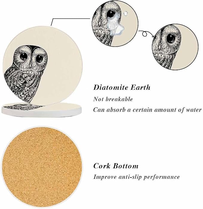 oFloral Black Owl Coasters for Drinks Cute Bird Wild Animal Cub Drink Coaster - Image 4