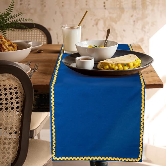 Folkulture Fall Table Runner 90 Inches Long | Blue & Yellow Rick Rack | Table by FOLKULTURE