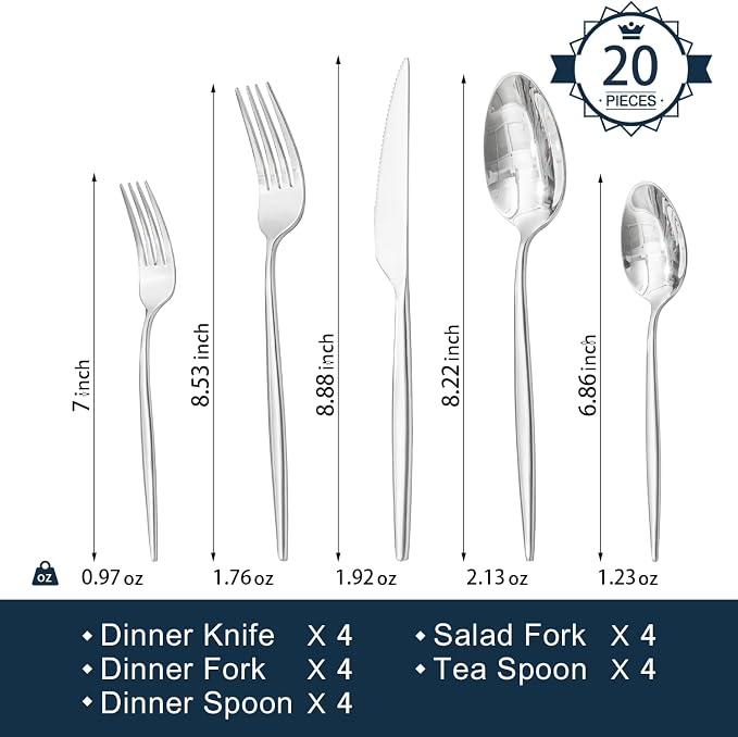18/10 Silverware Set for 4, 20 Piece Stainless Steel Flatware Cutlery Set | - Image 2