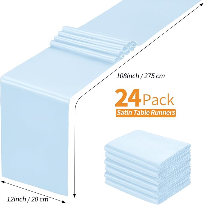 SiinvdaBZX 24 Pcs Light Blue Satin Table Runner 12 x 108 inches Long | Bright - Image 4