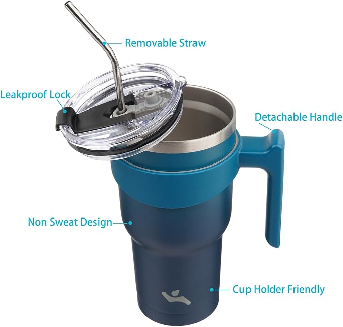 Konokyo 30 oz Tumbler with Handle and Straw, Insulated Travel Mug | Indigo - Image 2