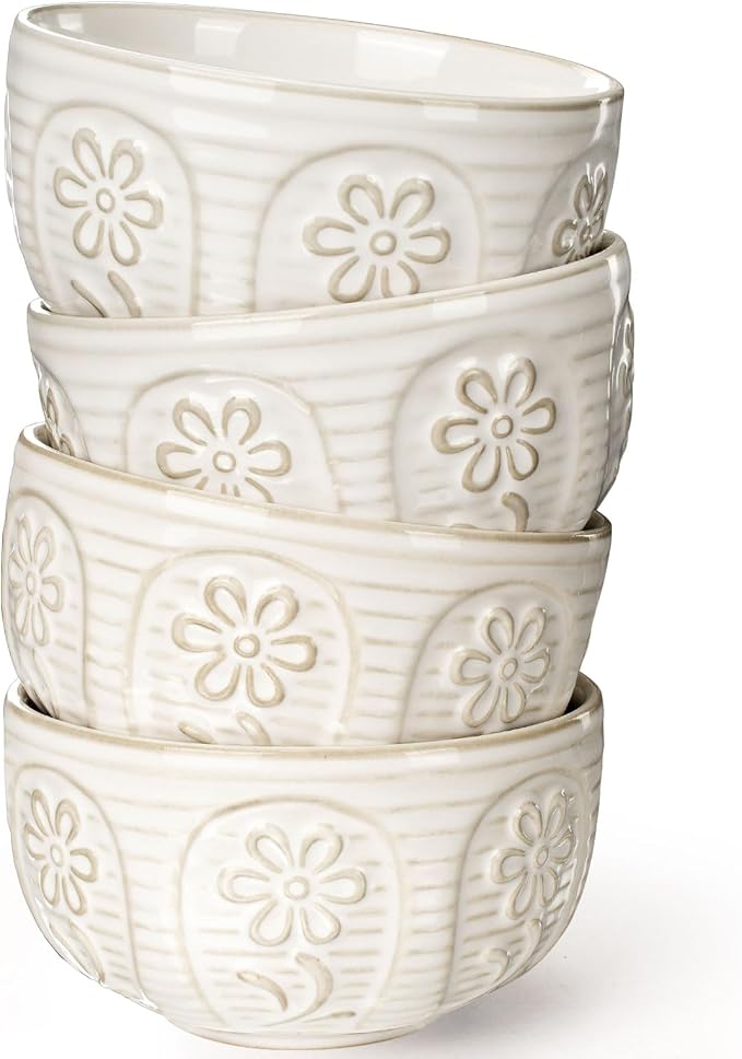 Small Bowls Set of 4, 12 oz Ceramic Embossment Dessert Bowls, Ice Cream by Artena