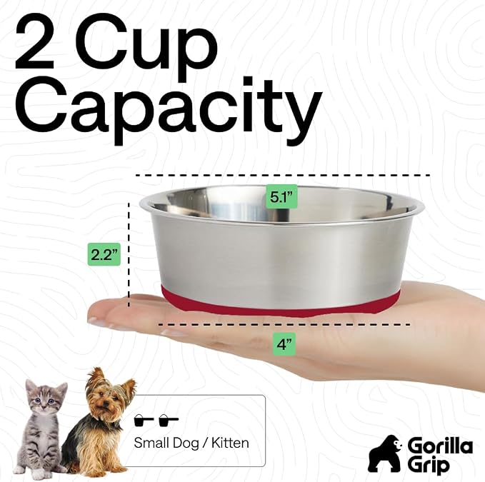 GORILLA GRIP Dog Bowl, Holds 2 Cups, Food Grade 304 Stainless Steel Food and - Image 4