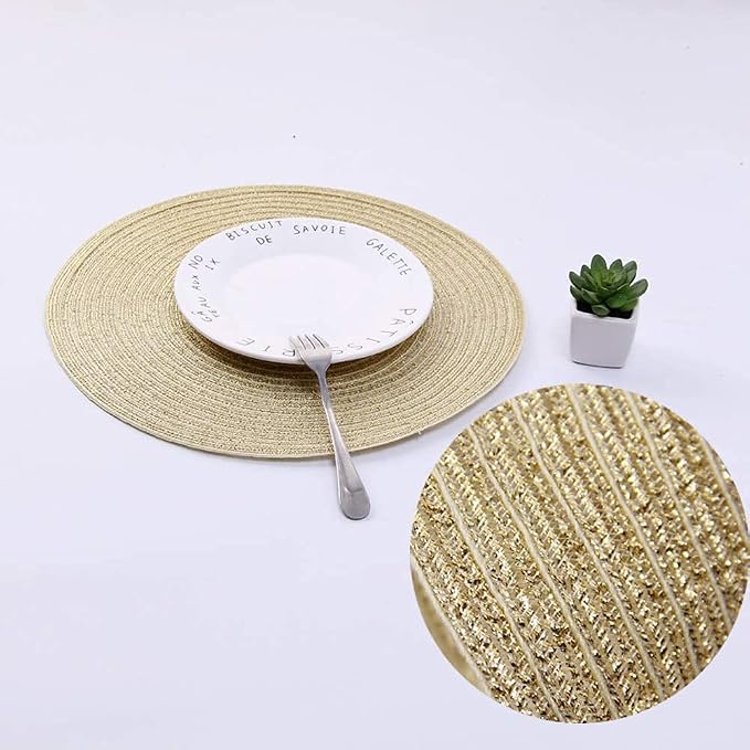 SHACOS Glitter Gold Round Braided Placemats Set of 8 Sparkle Washable 15 inch - Image 5