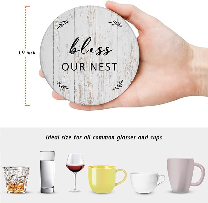 Coasters for Drinks, Ceramic Stone Grey Wood | Absorbent Round Table Mat - Image 2