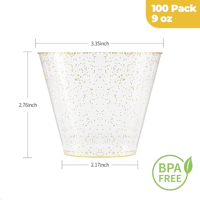 Goodluck 9 oz 100 PCS Gold Glitter Plastic Cups, Disposable Glitter Cups | - Image 3