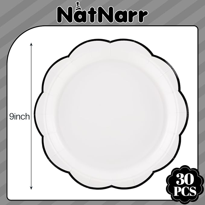 NatNarr 30 Pcs Black and White Paper Plates, 9 Inch White Plates - Image 2