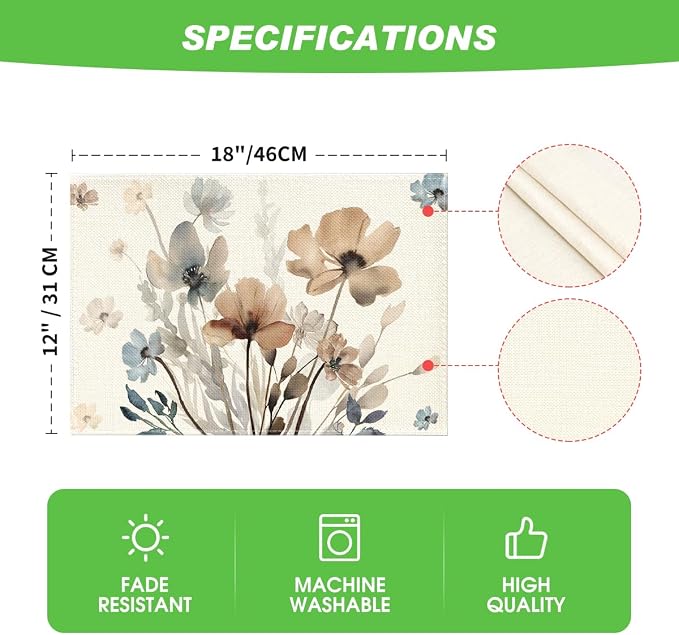 Artoid Mode Brown Poppy Floral Leaves Fall Placemats Set of 4, 12x18 Inch - Image 6