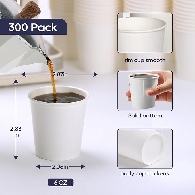 LITOPAK 300 Count 6 oz Paper Cups, Disposable White Paper Coffee Cups | Bulk - Image 2