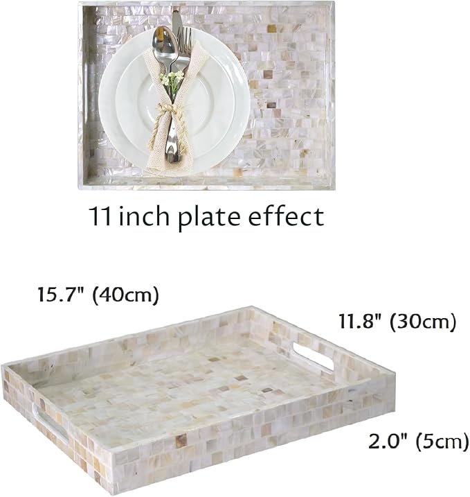 PEMAR Rectangular Mother of Pearl Serving Tray Nacre Wood Lap Ottoman Tray - Image 8