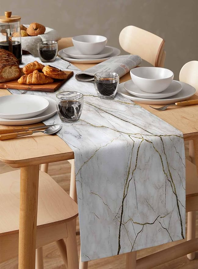 Marble Table Runner-Cotton Linen-Long 108 inche White Gray Gold Dresser Scarves - Image 6