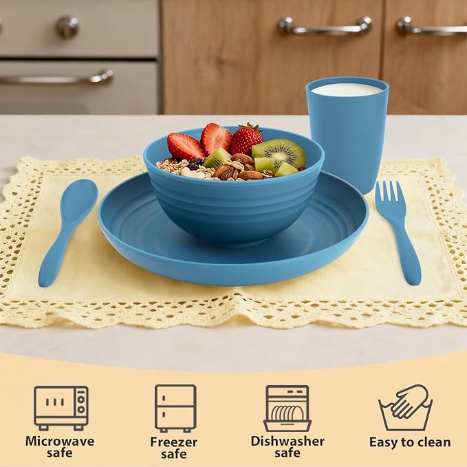 Wheat Straw Dinnerware Sets for 4, Reusable Plastic Dinner Plates, Unbreakable - Image 5