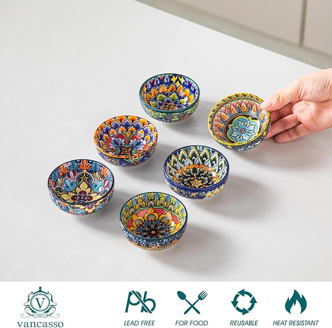 vancasso SIMI 2.7 Oz Ceramic Dipping Bowls Set of 6, Bohemian Sauce Bowls | - Image 3