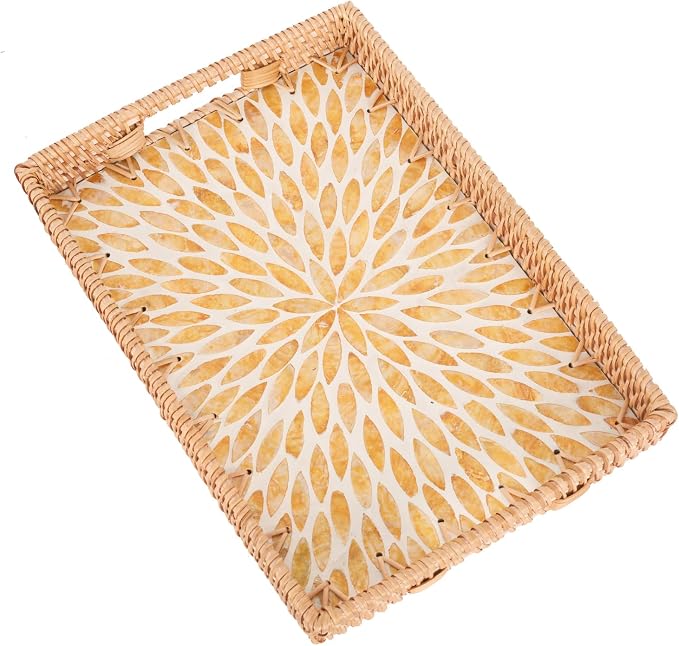 Rectangle Rattan Tray with Mother of Pearl Inlay, Rattan Serving Tray with by Tynulox