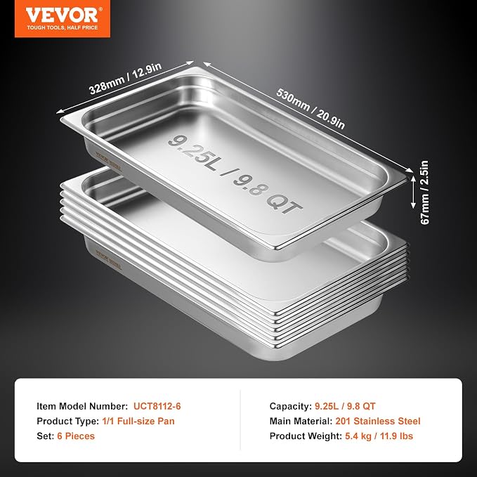 VEVOR 6 Pack Stainless Steel Hotel Pans, 2.5-Inch Deep 0.8mm Thick Commercial - Image 8