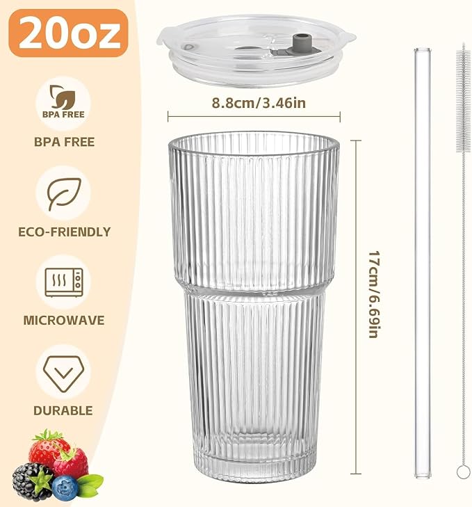 20oz Ribbed Glass Cups with Lids and Straws, Glass Tumblers with Lids and Straws - Image 2
