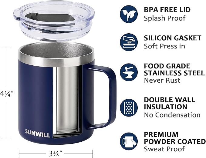 SUNWILL Insulated Coffee Mug, Stainless Steel 14 oz, Splash-Proof Lid | Keeps - Image 2