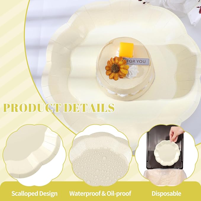 NatNarr 30pcs Ivory Paper Plates 9 In Scalloped Cream Paper Plates Disposable - Image 3