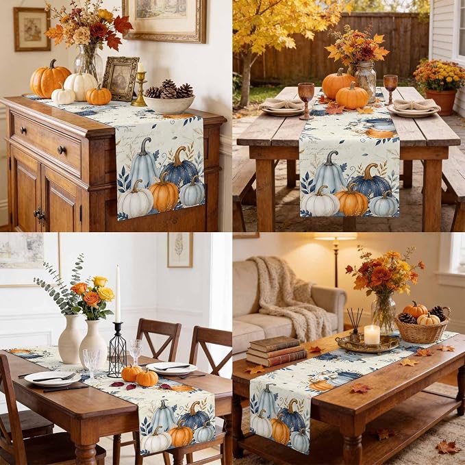 Blue Pumpkins Fall Table Runner 72 Inches Long, Thanksgiving Eucalyptus Leaves - Image 9