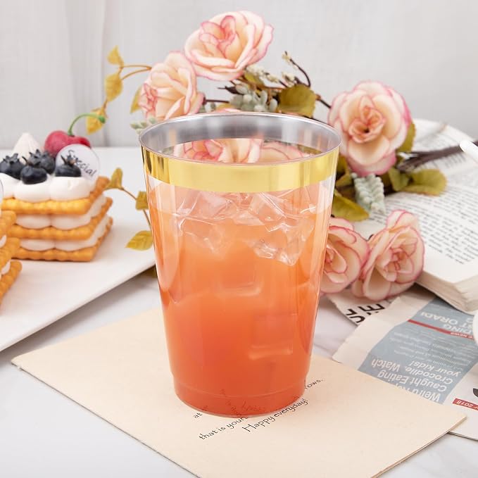 IOOOOO 100 Pack 12 oz Gold Plastic Cups, Disposable Wine Glasses Cocktail - Image 2