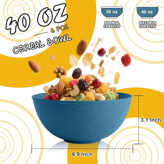 Cereal Bowls 40 OZ Set of 6, Unbreakable Lightweight Bowls Set, Microwave & - Image 2