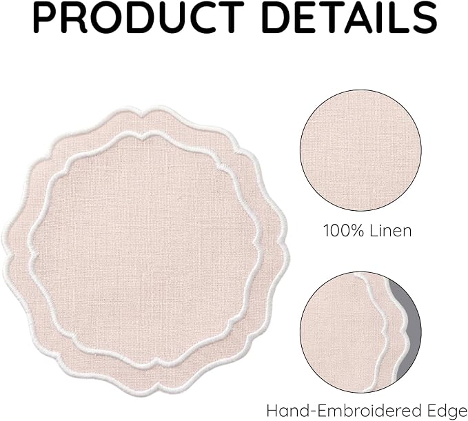 Linen Coasters for Drinks, 4.5 inch, Scalloped Edge, Reusable Handmade Coffee - Image 4