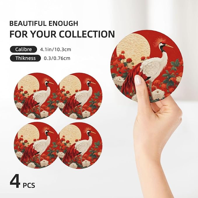 Crane Bird Flower Painting Coasters - Image 3