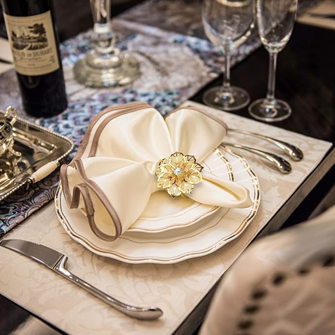 KPOSIYA Flower Napkin Rings Holder Metal Gold Napkin Rings Set of 12 - Image 2