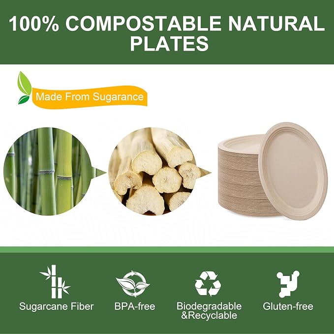 WELLIFE 100% Compostable Oval Paper Plates 12 Inch 125-Pack Large Plates | - Image 4
