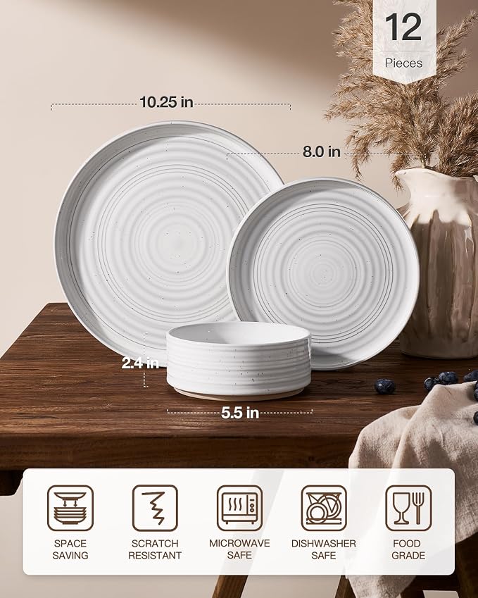 Stoneware Dinnerware Sets for 4, Reactive Glaze Plates and Bowls Set, Chip & - Image 6