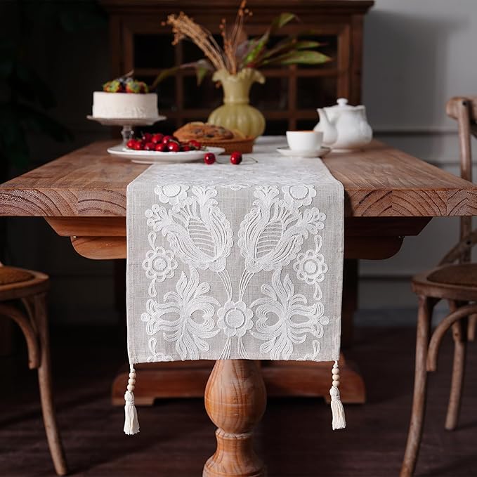 Embroidered Table Runner Boho Farmhouse Dresser Scarf, 4 Tassel Pendants - Image 4