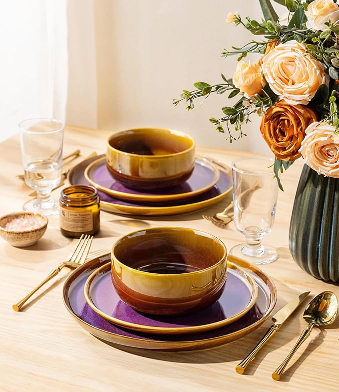 Ceramic Dinnerware Set for 4, 12-Piece Plates and Bowls Set | Handmade Reactive - Image 6