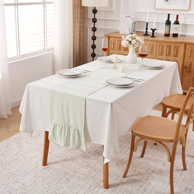 Pile Green White Plaid Gingham Ruffle Table Runner 120 inches Long Christmas - Image 2