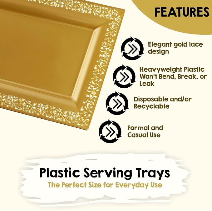Yumchikel-Decorative Plastic Serving Tray & Platter Set-Gold & lace Rim Serving - Image 3