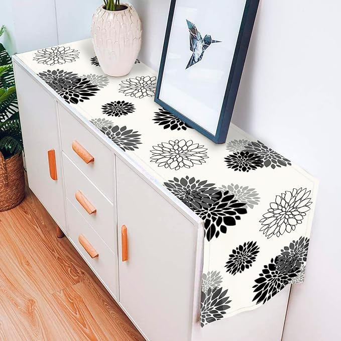 Black Gray Table Runner Dahlia Pinnata Flower Beige Table Runners Modern - Image 3