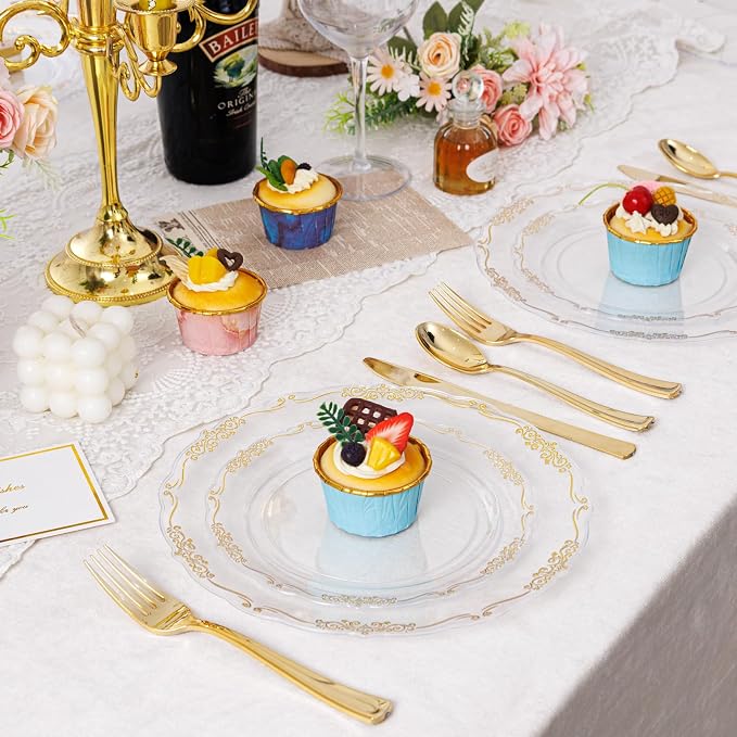 U-QE 100PCS Clear Gold Plastic Plates - Image 7