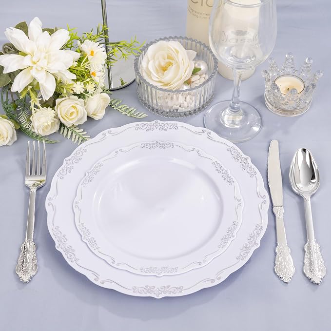 DaYammi 60PCS White and Silver Plastic Plates, Heavy Duty White and Silver - Image 2