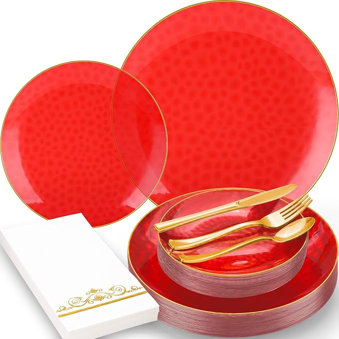150 Pcs Red Plastic Dinnerware Set, Disposable Plates by BONSINY