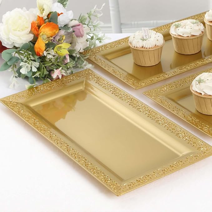 Efavormart 4 Pack | 14" Gold Lace Print Rectangular Plastic Serving Trays by efavormart